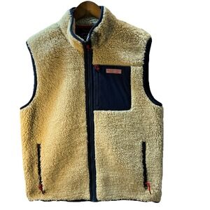 Vineyard Vines Sherpa Stillwater Vest Beige Fleece Soft Mens Size Medium Zip Up